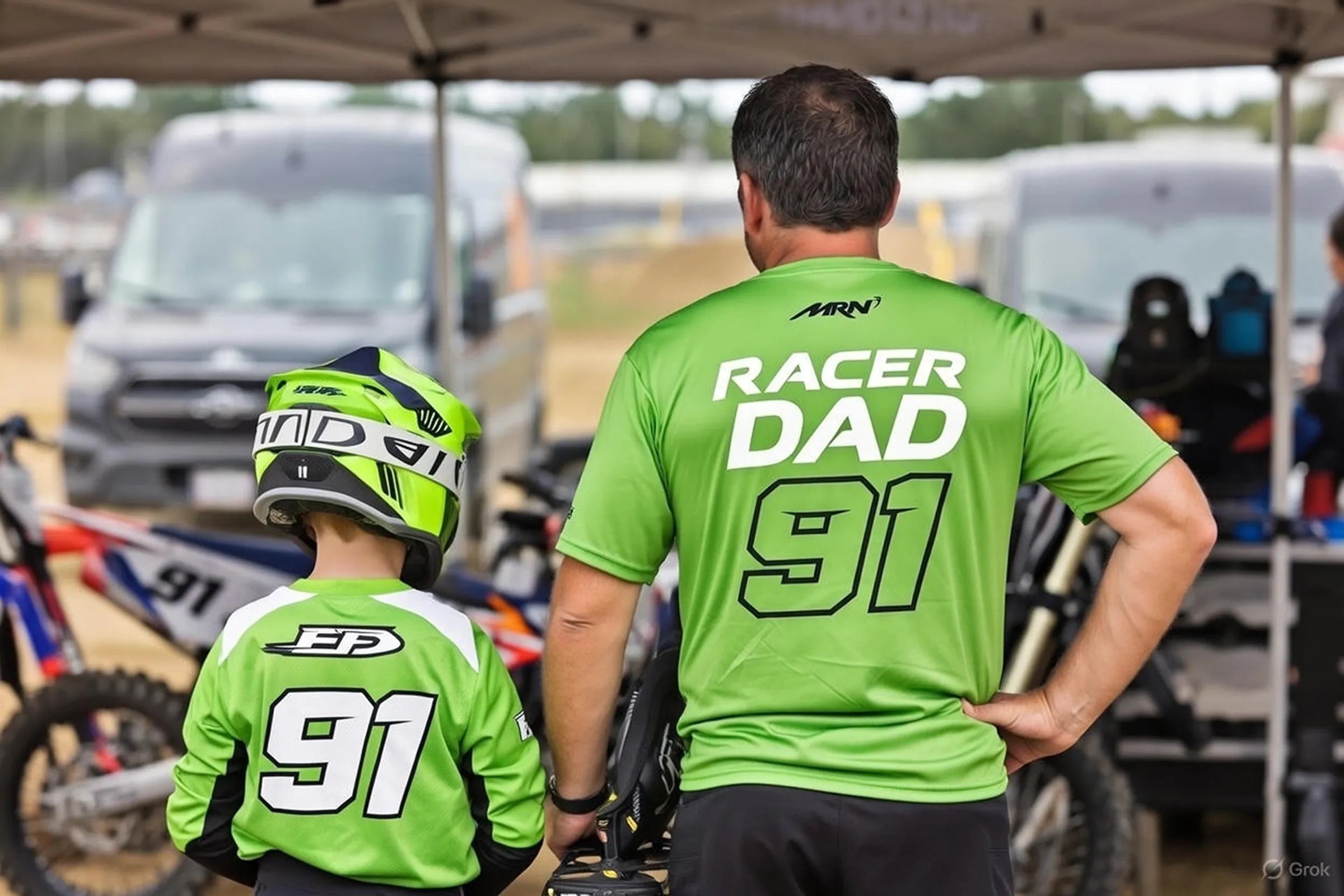 Father and son wearing matching custom motocross shirts with race numbers on the back, standing together in the pit area at the track
