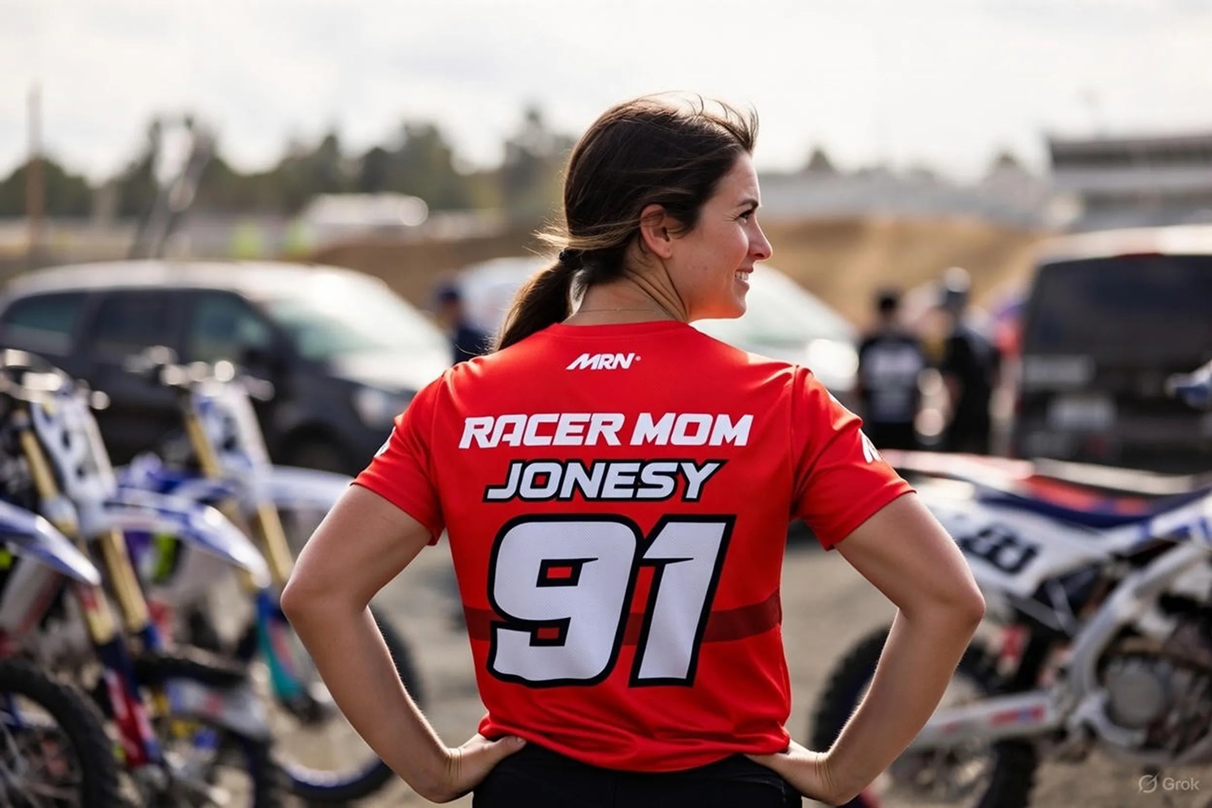 Custom motocross racer mom shirt with rider name and number on the back, worn by a mother standing in the pit area at the track
