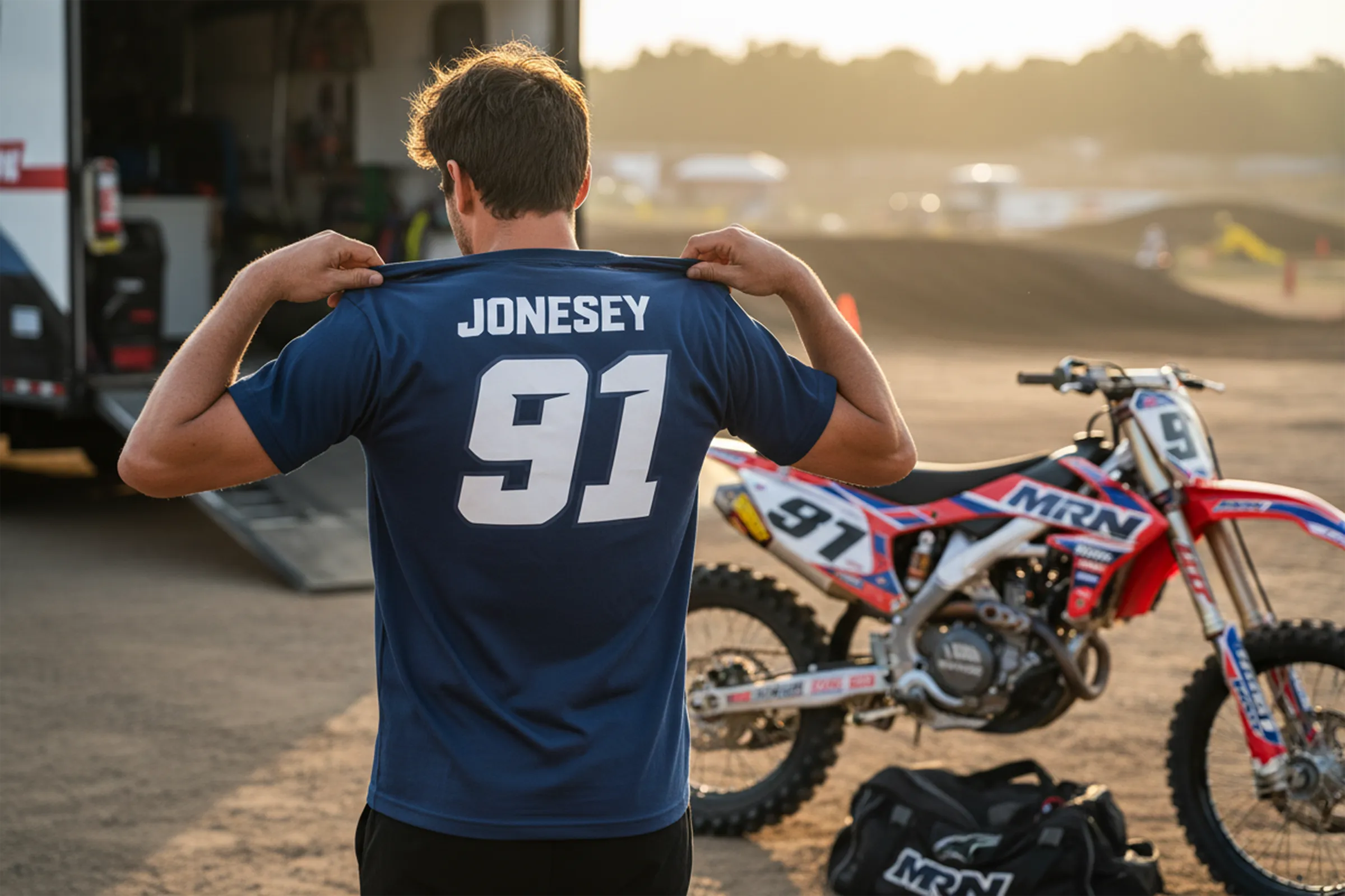 Custom motocross shirt with rider name and number printed on the back, worn by a motocross rider in the pit area next to a dirt bike
