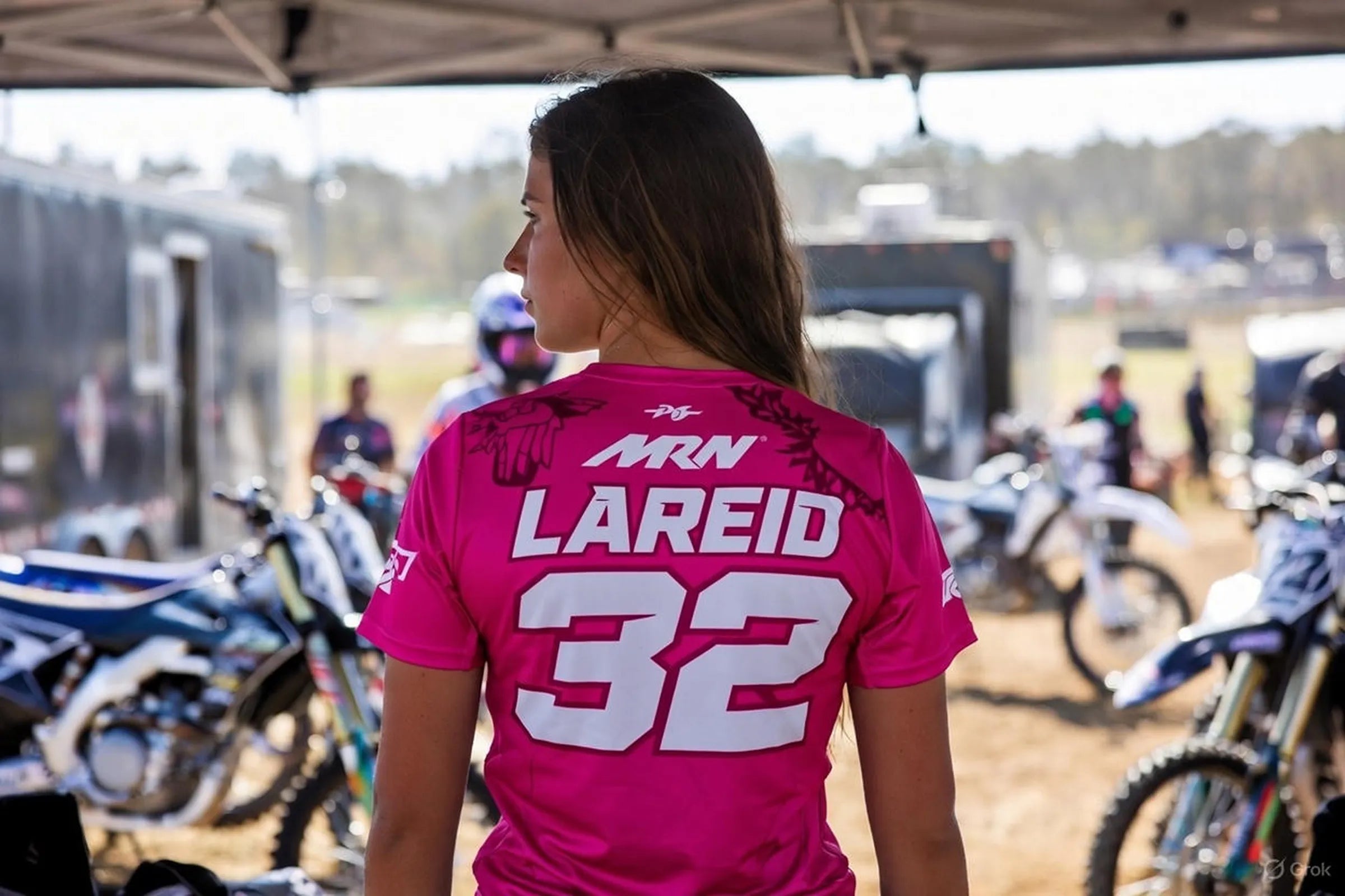 Custom motocross shirt with rider name and number on the back, worn by a female motocross rider in the pit area at the track
