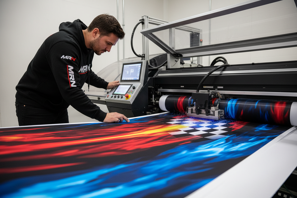 MRN team member operating industrial dye sublimation printer printing custom canopy tent graphics