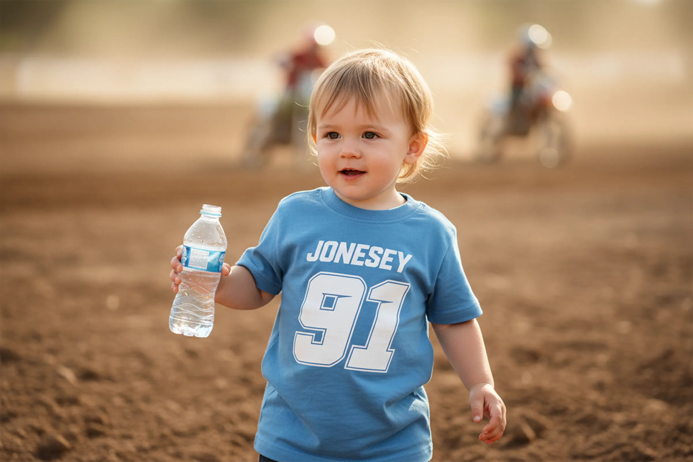 Toddler wearing a custom motocross shirt with name and race number, standing at the motocross track while riders race in the background
