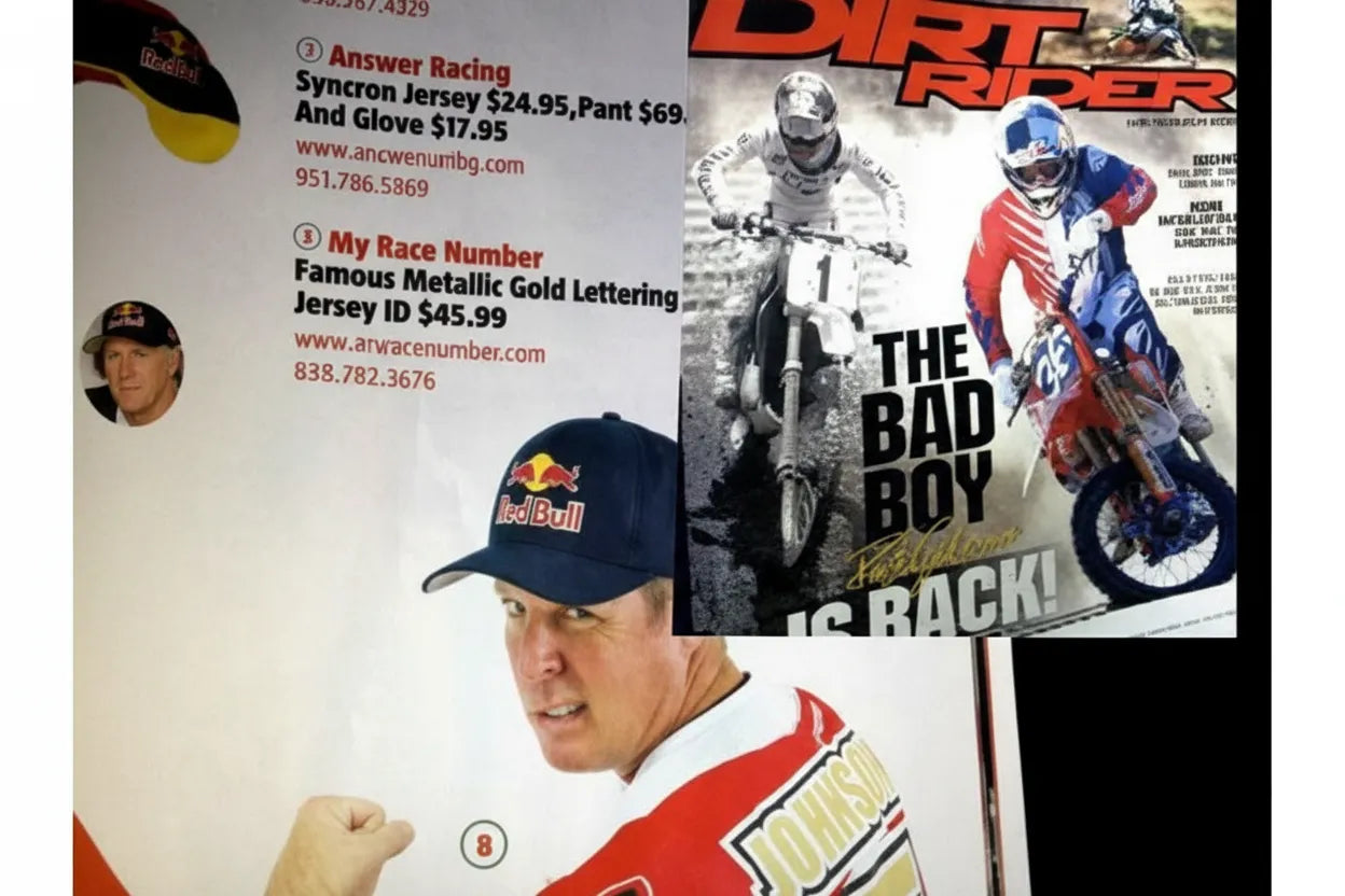 Dirt Rider magazine feature showing a professional motocross rider wearing a custom MyRaceNumber jersey with gold lettering
