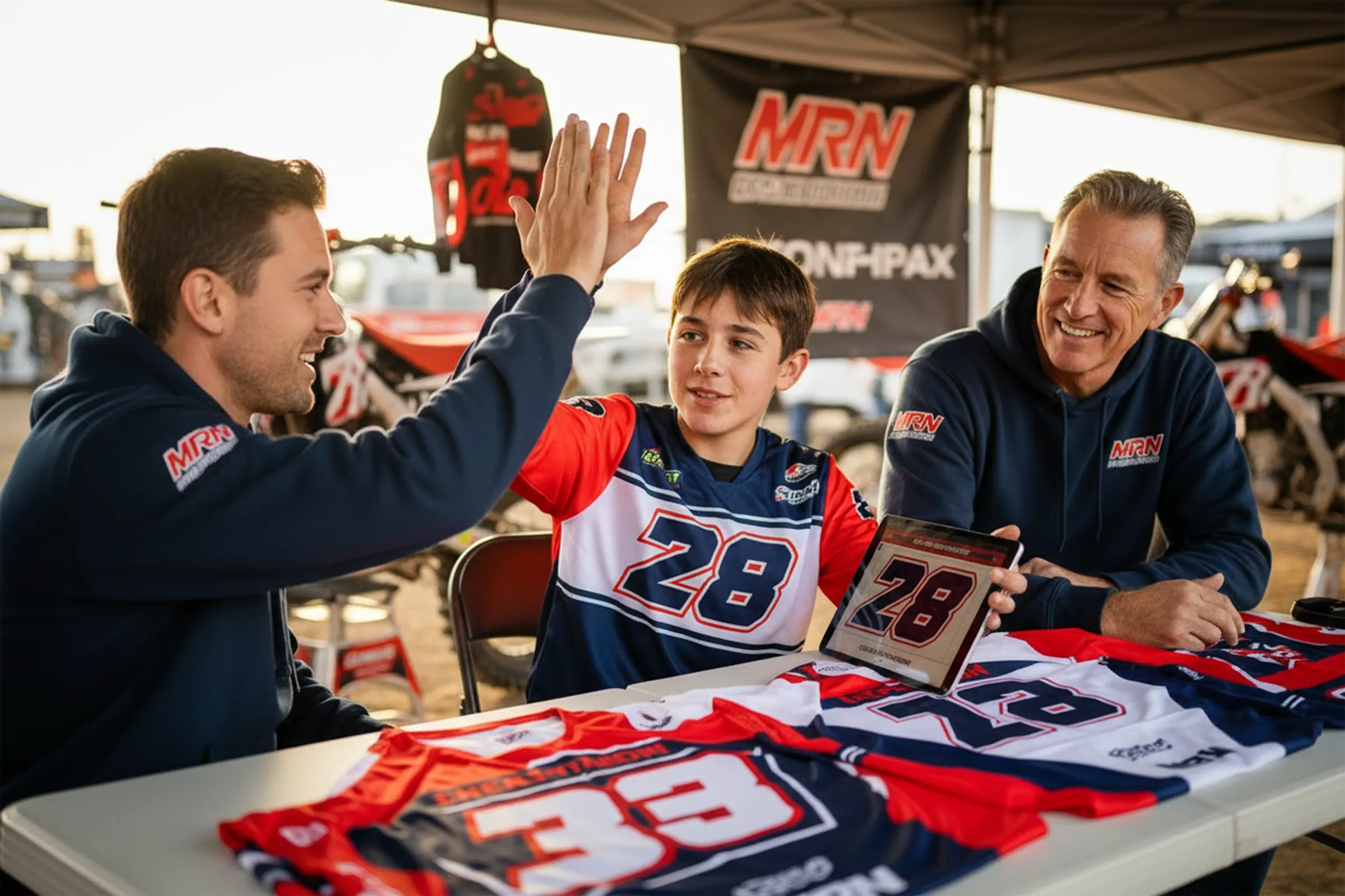 Motocross rider celebrating final custom jersey design approval with MRN graphic designer at the track