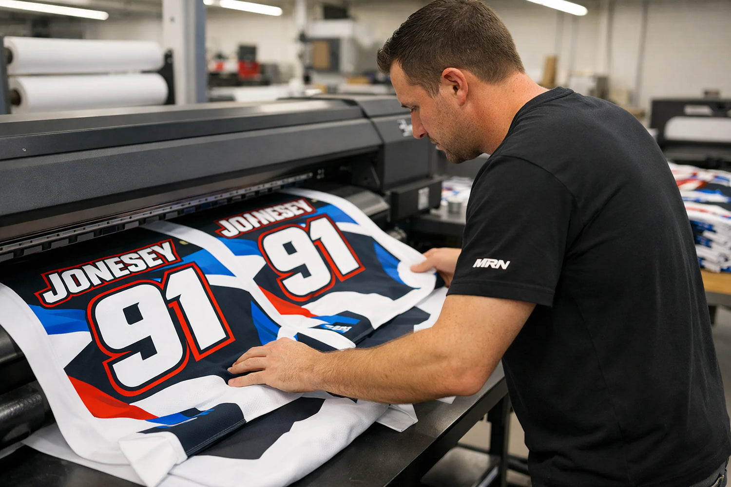 MRN employee printing custom motocross t-shirts using dye sublimation, featuring Jonesey 91 race number in a clean production facility
