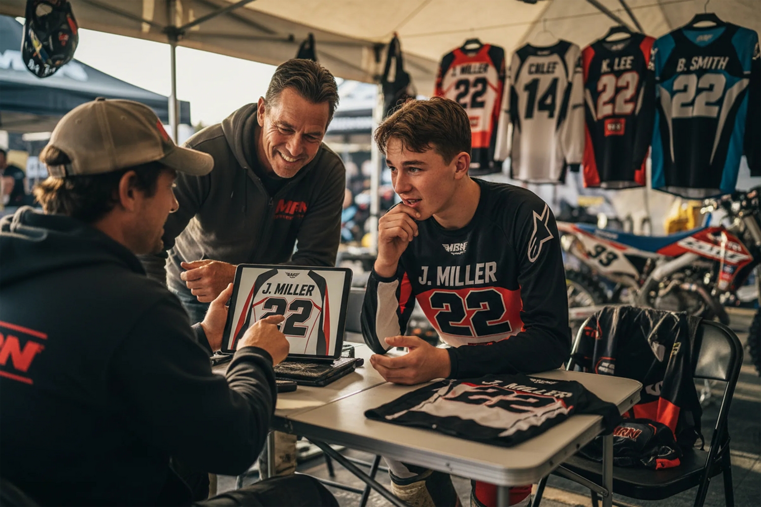 MRN graphic designer reviewing a custom motocross jersey design with a rider before printing.